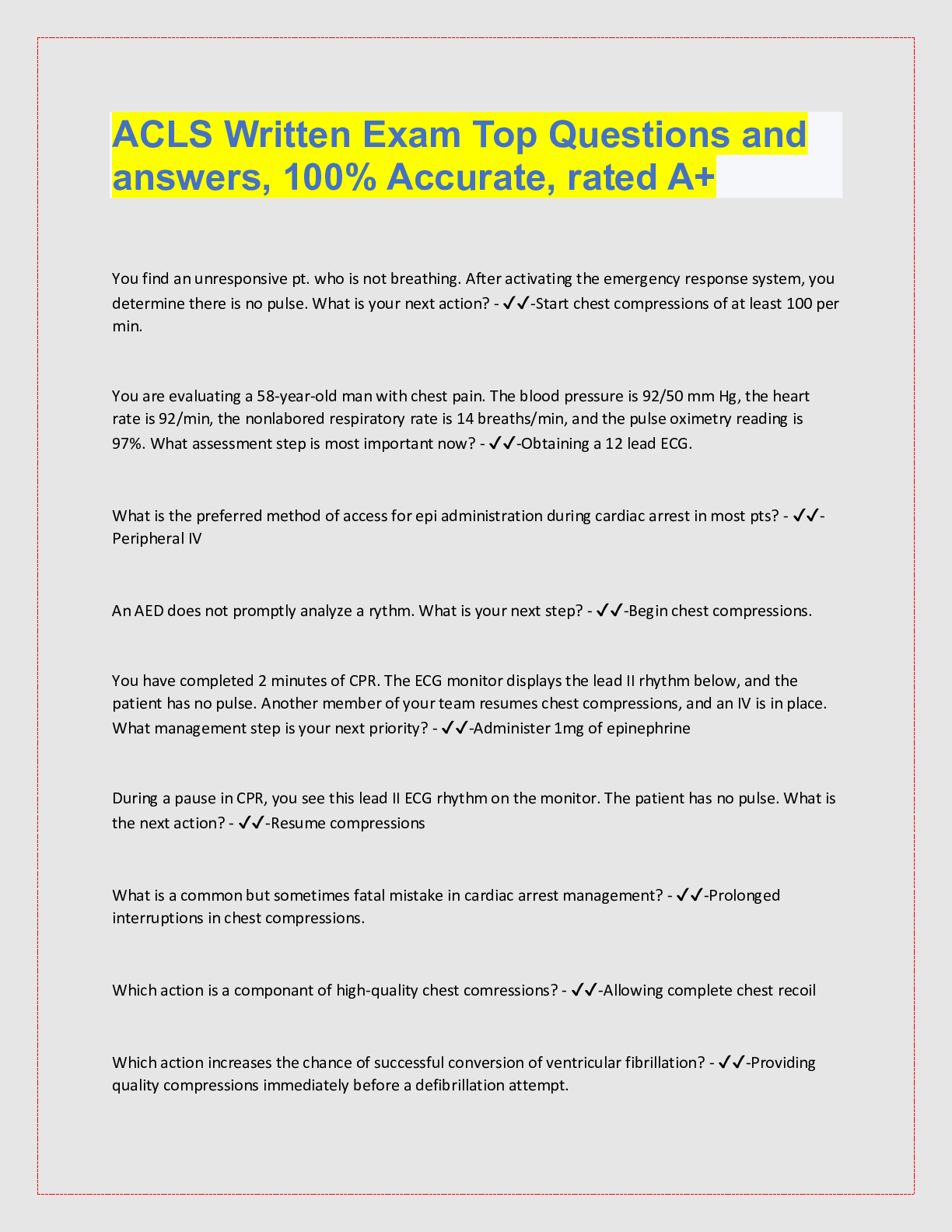 Preview image for ACLS Written Exam Top Questions and  answers, 100% Accurate, rated A+